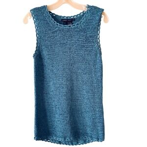 Larry Levine Tank Top Womens M Blue Knit Scalloped Crochet Sleeveless Scoop Neck